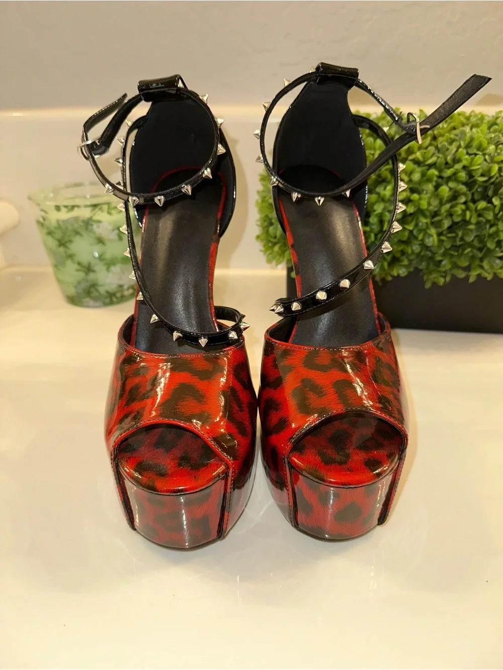 Red Leopard Patent Platform Ankle-Strap Pumps
